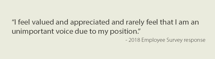 Text - “I feel valued and appreciated and rarely feel that I am an unimportant voice due to my position.”  - 2018 Employee Survey response