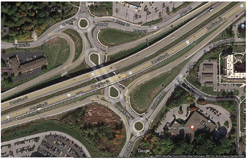 Image of multiple roundabouts at highway interchange