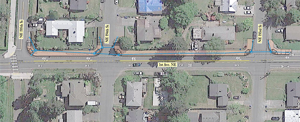 The preferred option for new sidewalks on 1st Avenue NE between N 192nd Street and NE 195th Street