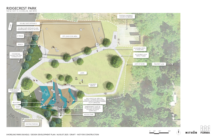 Schematic design for Ridgecrest Park showing slides built into the embankment, all-ages play area, accessible walkways, and off-leash dog area.