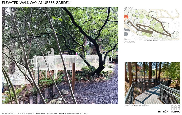 Kruckeberg walkway at upper garden with railings and walkway elevated on beams. Example of materials shows solid surface with metal mesh railings.l