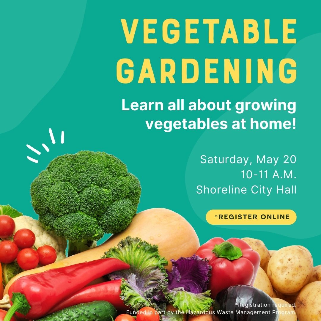 Promo image for the May 20 Growing Vegetables workshop from 10-11 a.m. at Shoreline City Hall.