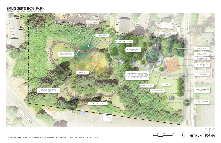 Schematic design for Brugger’s Bog Park showing frontage improvements, walkways, a multi-sport court, and a play area.