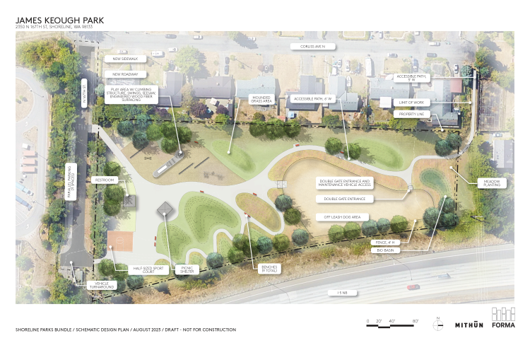 Schematic design for James Keough Park showing walkways, benches, a play spot, and an off-leash dog area.