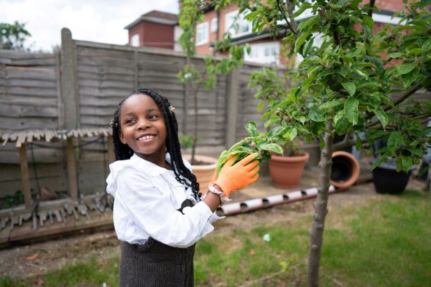 A young person planting a tree.