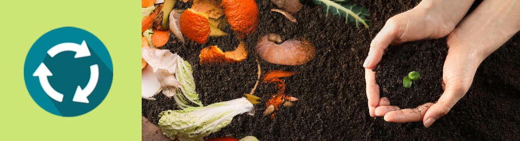 A chasing arrows icon on top of an image featuring food scraps and a hands holding dirt.