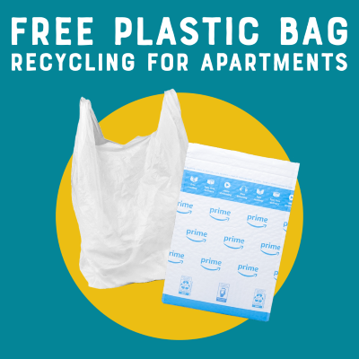 Examples of plastic bags on a blue background and text at the top that read "free plastic bag recycling for apartments."