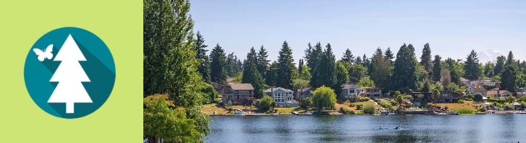 Landscape image of a body of water with houses and trees along the shore. There is a blue and white icon featuring silhouettes of a tree and butterfly.