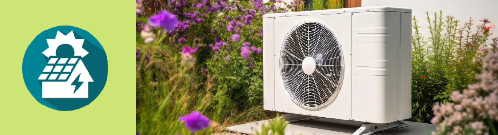 Webpage banner. There is a blue icon with a sun over solar panels on the left and a photo of a heat pump on the right.