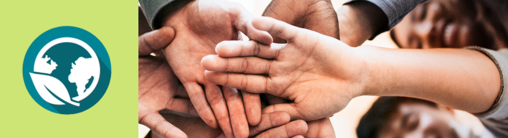 A blue and white world icon on the left and hands stacked on top of each other on the right.