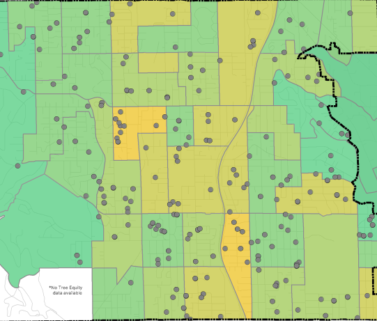 Closeup of a map showing where trees have been planted through Communi-trees.