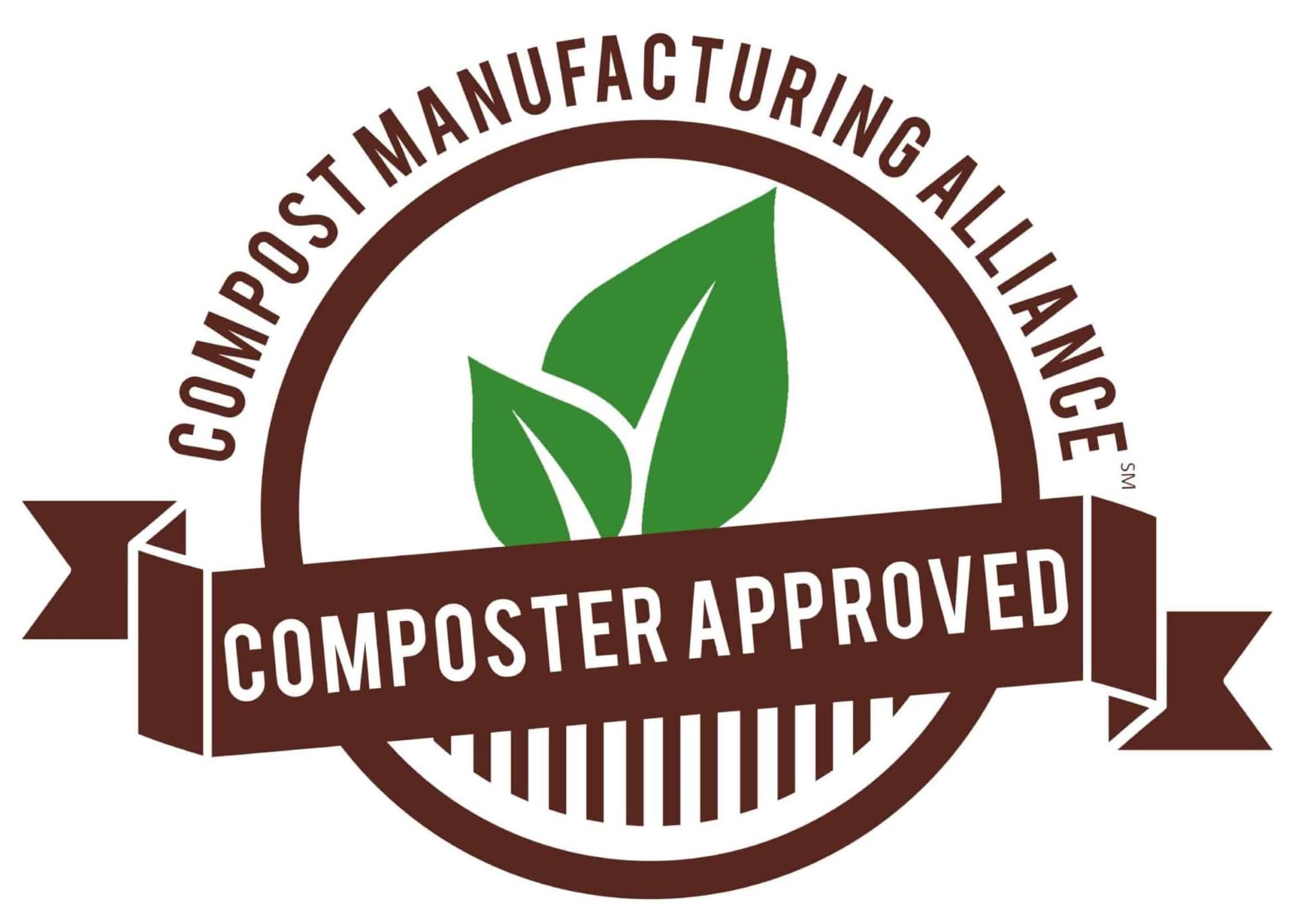 Brown and green logo for the Composting Manufacturing Alliance indicating a product is composter approved.