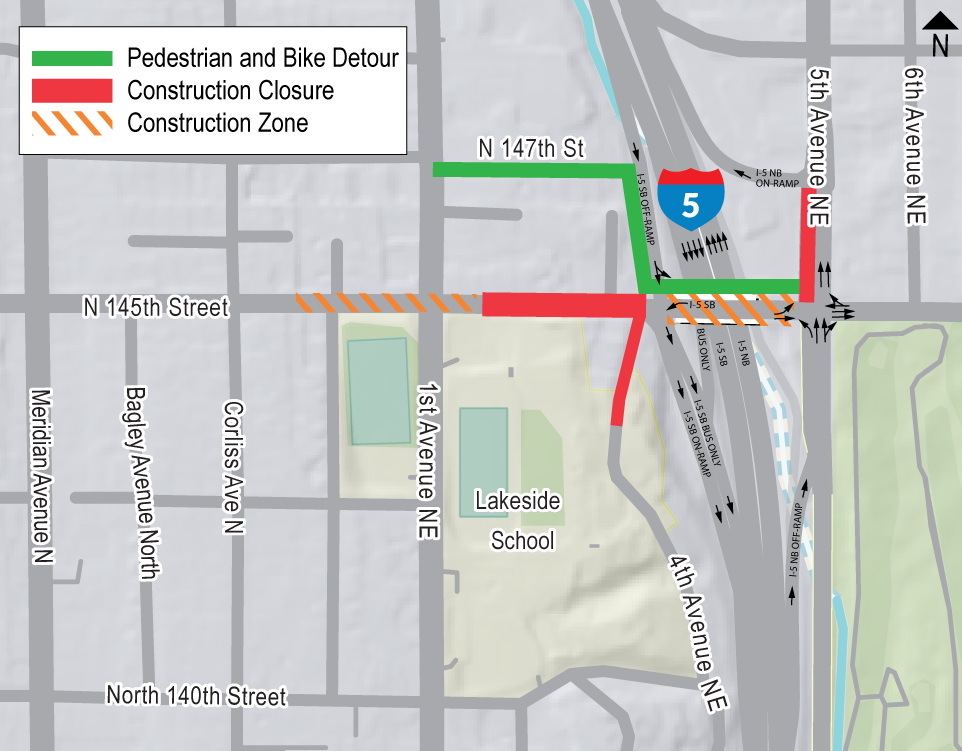 Map of N 145th Street closure between Interstate 5 and 1st Avenue NE beginning April 1, 2024.