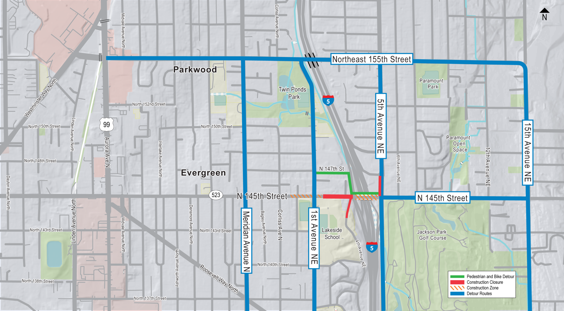 Detour for the 145th Street closure at 1st Avenue NE. Take Meridian, 1st Ave NE, 5th Ave NE, or 15th Ave NE to 155th or 130th to cross I-5