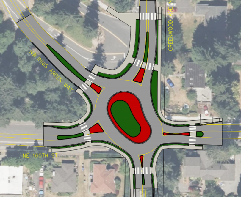 160th and Greenwood Ave intersection design is an oval roundabout connecting the five streets in the area