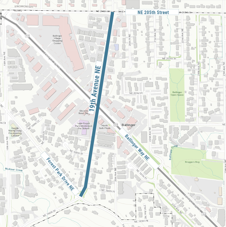 Location of new sidewalk project on 19th Avenue NE extending from NE 196th Street north to NE 205th Street