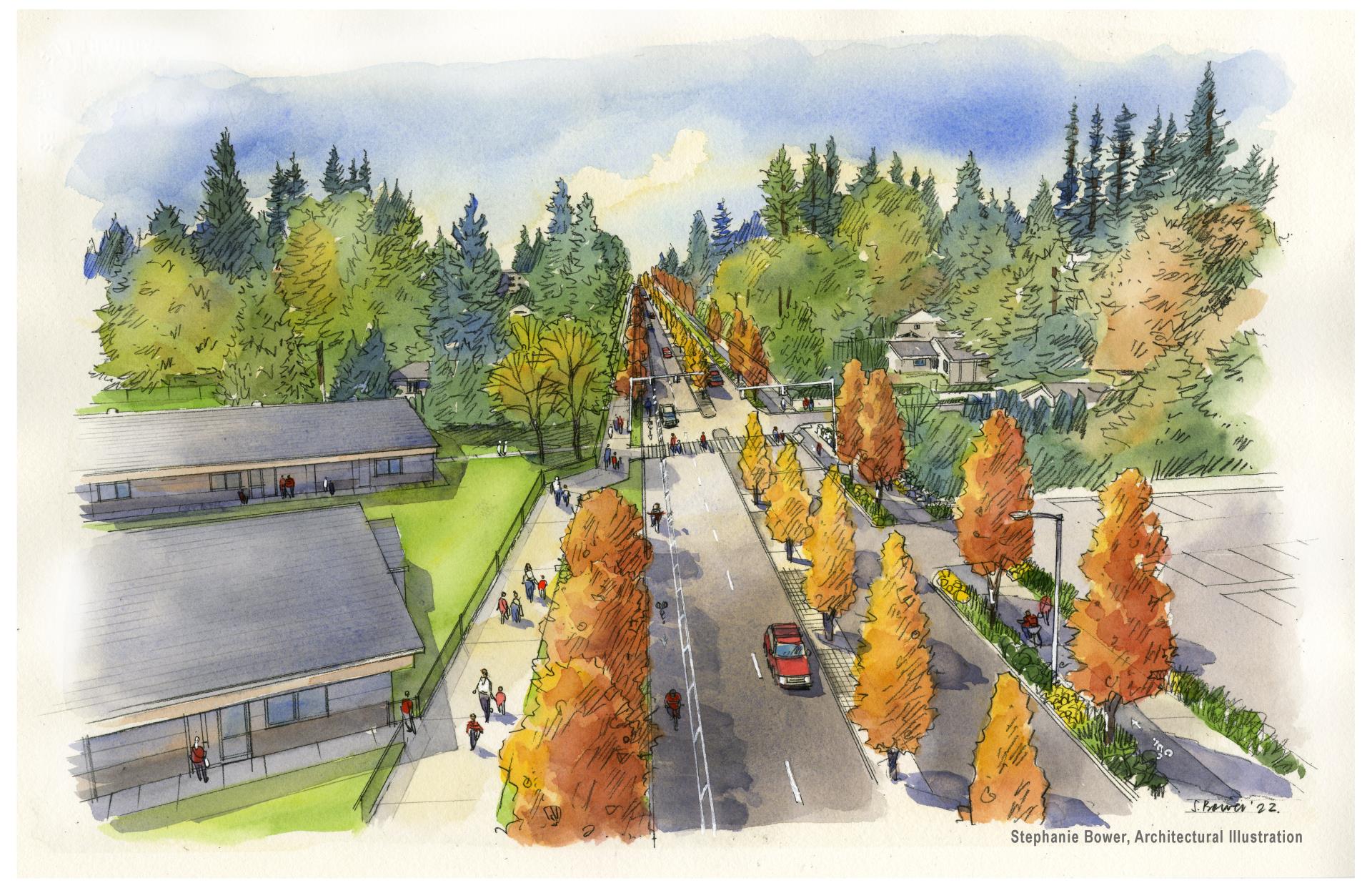 Artist rendering of the completed corridor shows trees lining the street median and the amenity zones between the sidewalks and the roadway. Bicyclists ride in the bike lane.