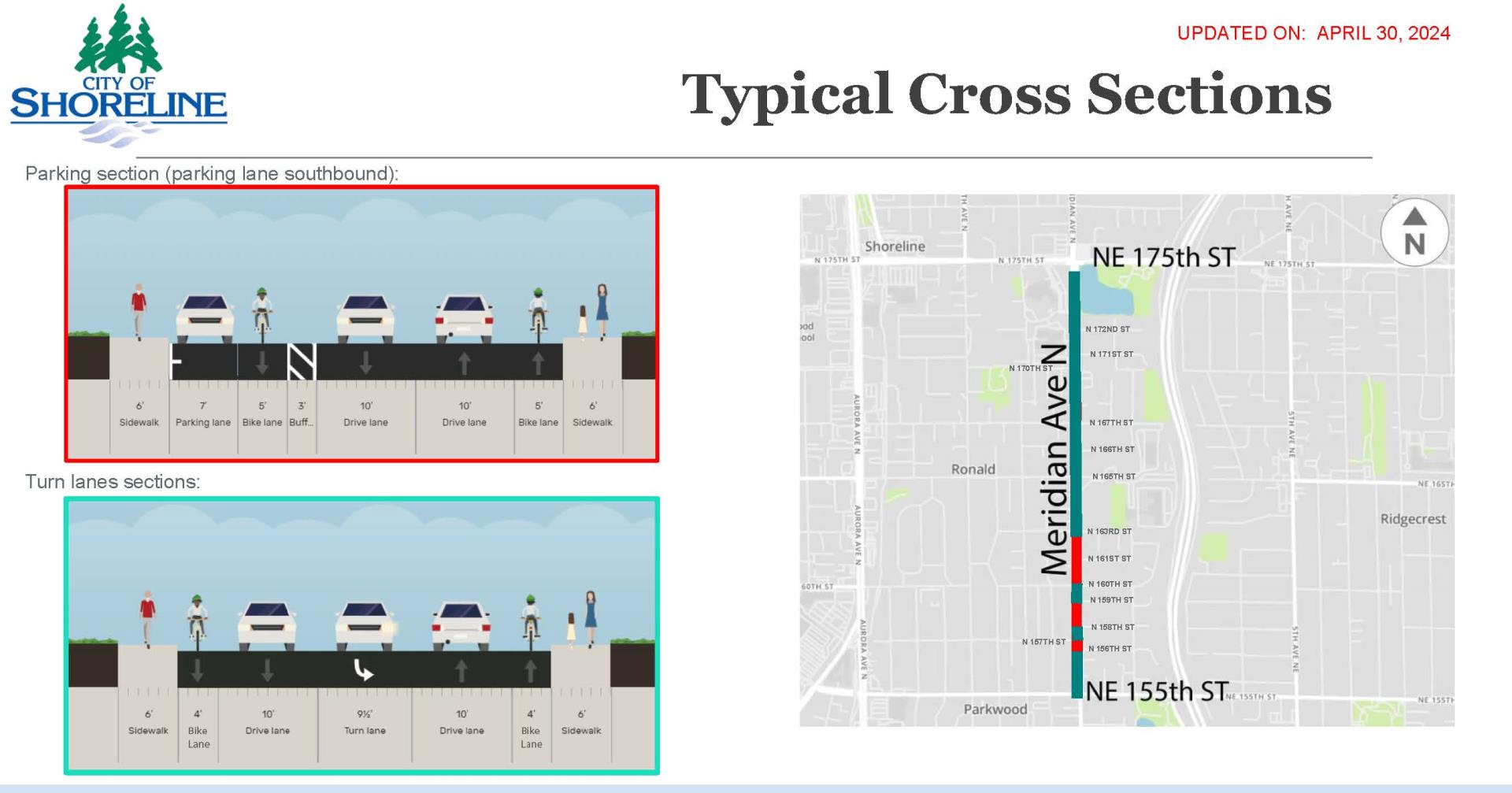 Meridian Avenue N Safety Improvements Project Typical Cross Sections and Project Area Map_April 30, 2024