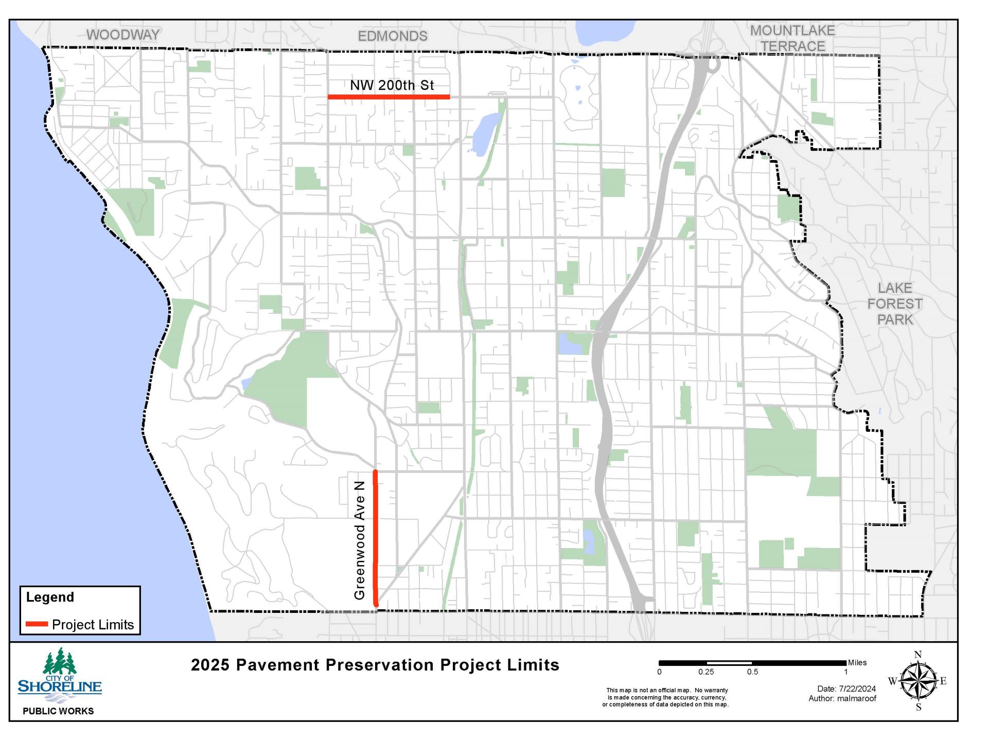 Project limits map of segments on NW 200th Street and Greenwood Avenue N